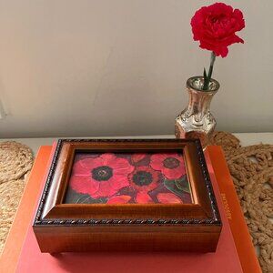 Vintage Wooden Music Box with Original Decoupage Art Insert, Photo Frame Box